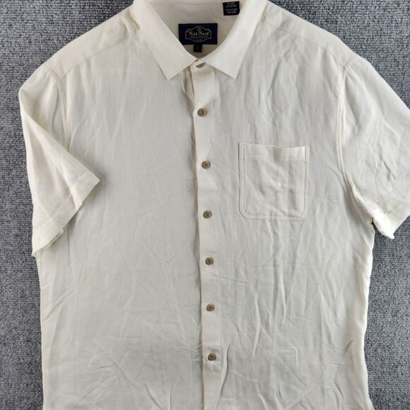 Nat Nast Silk Cotton Blend Button Up Shirt Ivory Short Sleeve Large Woven Beach - Picture 1 of 16